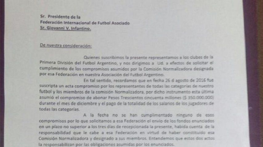 La carta que los clubes de Primera le enviaron a FIFA<br>
